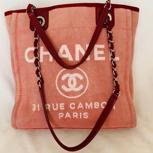 Auth CHANEL Deauville Canvas Chain Lambskin Tote - Picture 10 of 12